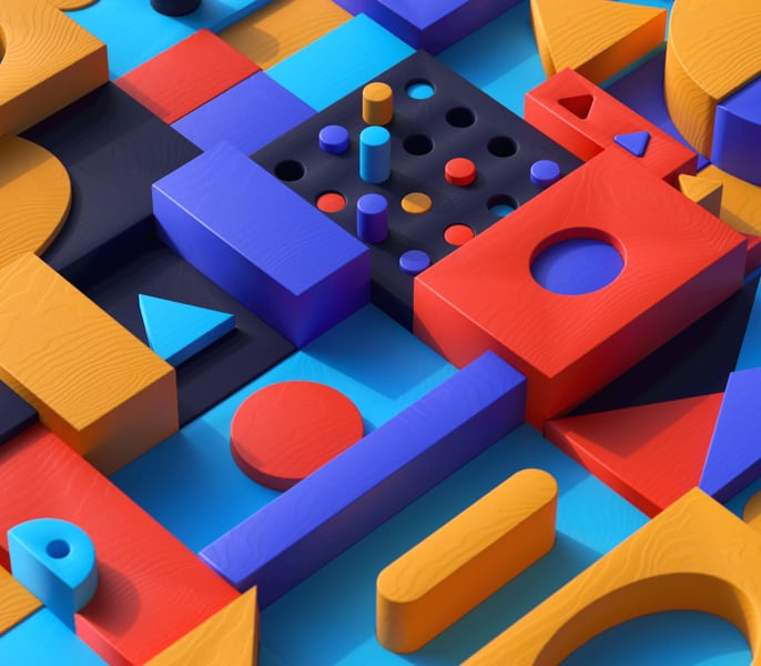 colorful 3 dimensional image consisting of blocks, cilinders, and triangles